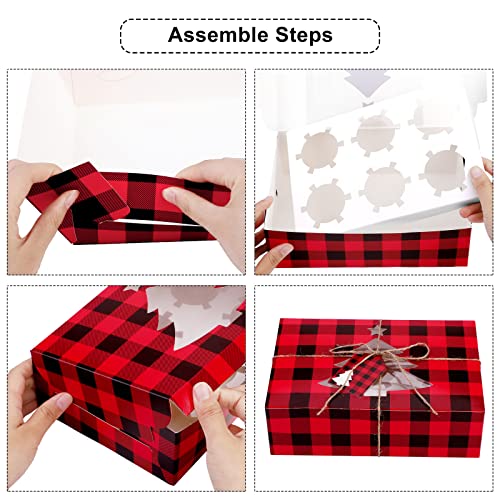 Christmas Cupcake Boxes with Windows - Red and Black Plaid, 10x6.3x3 Inches, Pack of 30