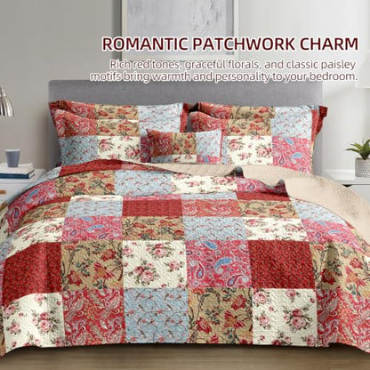 Queen Microfiber Quilt Bedding Set with Pillow Shams, All Season Red Bedspread
