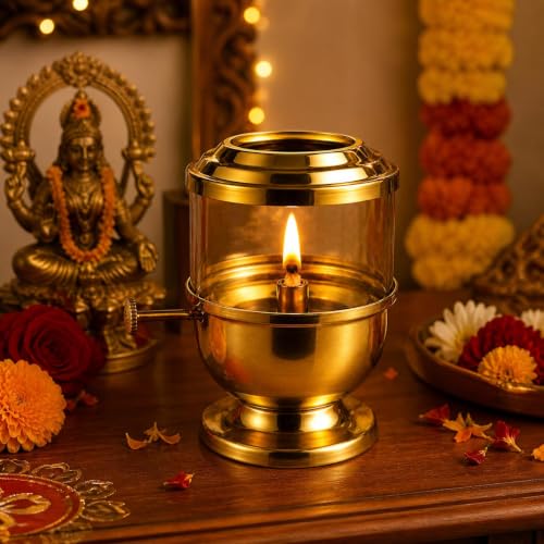 Pure Brass Akhand Jyot Diya with Borosilicate Glass Cover - 96-Hour Burn Time, 450ml