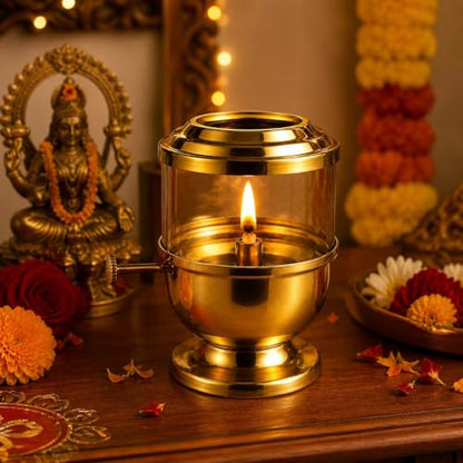 Pure Brass Akhand Jyot Diya with Borosilicate Glass Cover - 96-Hour Burn Time, 450ml