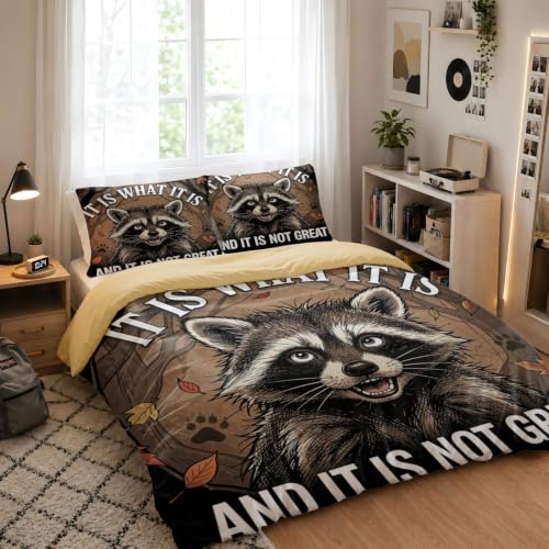 King Raccoon Cartoon Duvet Cover Set with Pillowcases - Soft Microfiber Bedding for Kids Teens Bedroom Decor (104x90in + 20x30in)