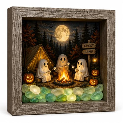 Ghost Campfire DIY Lighted Shadow Box Kit with Rustic Wooden Frame & Sea Glass Stones