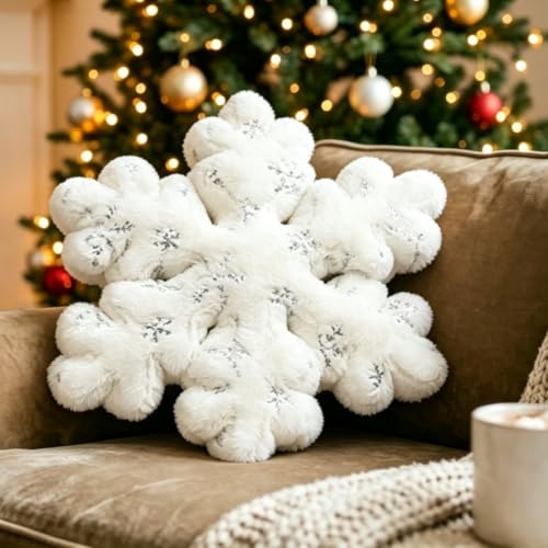 Christmas Snowflake Throw Pillows - White Plush Decorative Cushions, 19.7 Inches, Set of 2