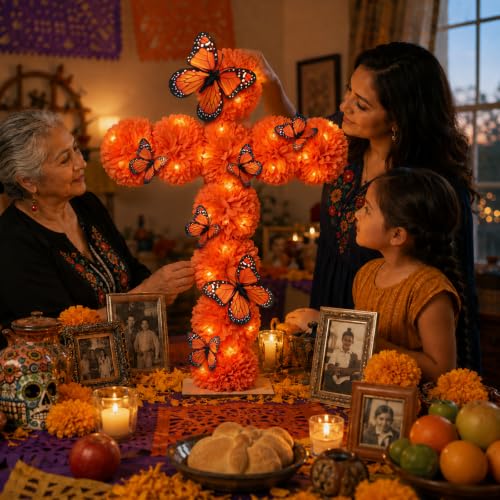 Day of the Dead Marigold Cross Decoration with Butterflies and String Lights