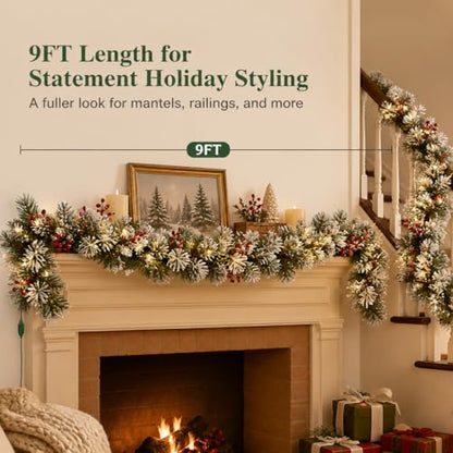 9FT Artificial Christmas Garland with Warm White Lights, Pine Cones & Red Berries