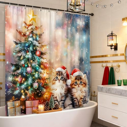 Christmas Shower Curtain 70x70 Inches Holiday Cats & Winter Scene Polyester - Variation of THIS listing