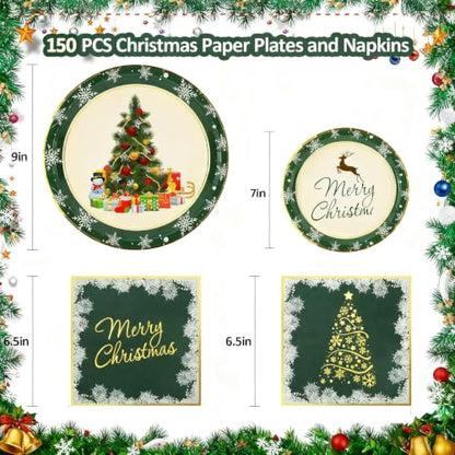 Christmas Paper Plates and Napkins Set - Green Holiday Tableware for 50 Guests