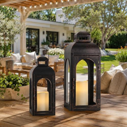 NEEDOMO Decorative Indoor & Outdoor Lanterns Set of 2 - 20"/13"H Metal Frame Candle Holders with Glass for Porch, Spring, Fall, Christmas