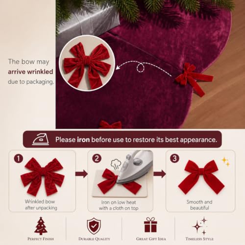 Syhood 30 Inch Burgundy Velvet Christmas Tree Skirt with Scalloped Edge & Bow - Holiday Decor