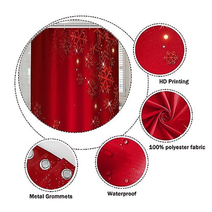 Christmas Shower Curtain 72 x 72 Inches Red Snowflakes Waterproof Polyester Set with Hooks