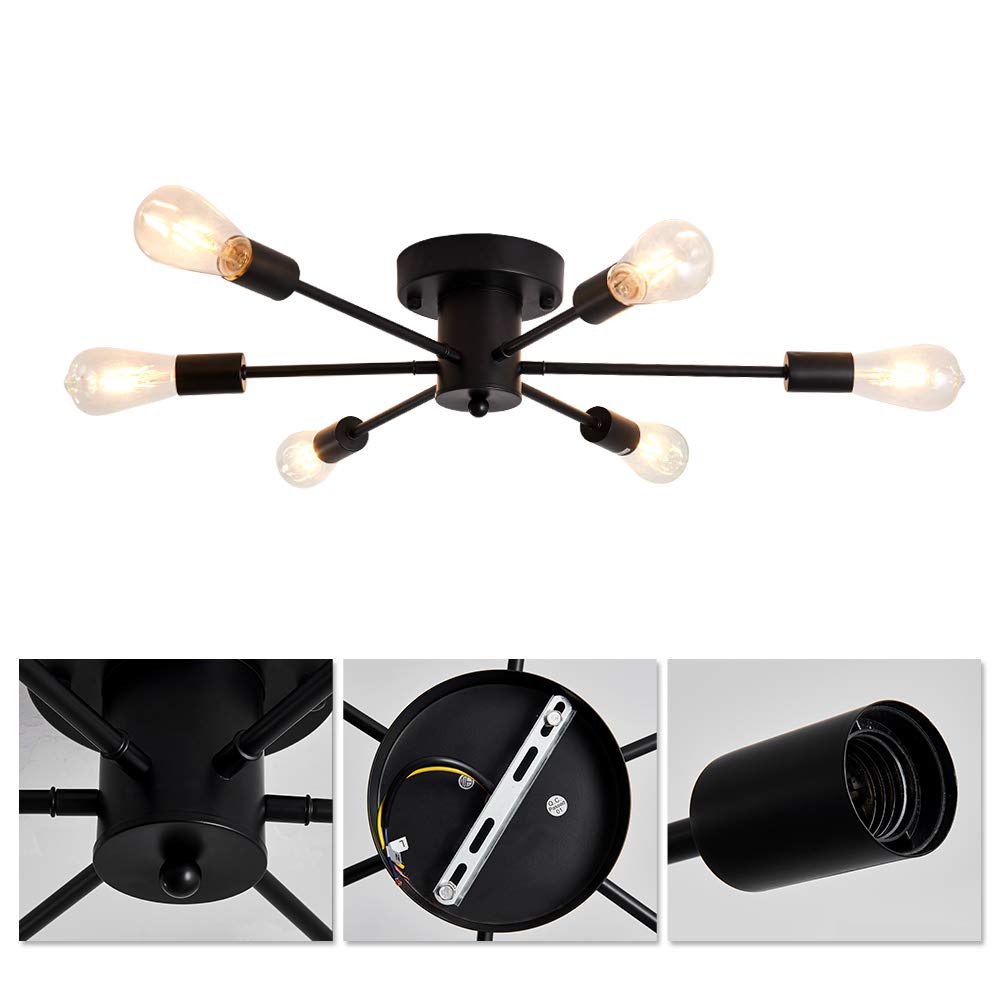 UOFUS 6 Lights Sputnik Semi Flush Mount Ceiling Light Matte Black Modern Edison Chandelier Industrial Close to Ceiling Light for Farmhouse Dining Room Kitchen Bedroom Living Room Study