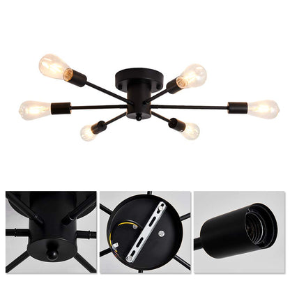 UOFUS 6 Lights Sputnik Semi Flush Mount Ceiling Light Matte Black Modern Edison Chandelier Industrial Close to Ceiling Light for Farmhouse Dining Room Kitchen Bedroom Living Room Study