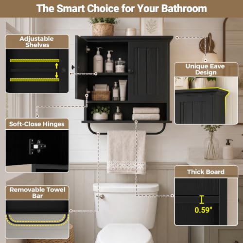 Besiost Farmhouse Bathroom Wall Medicine Cabinet with Removable Towel Bar - Black