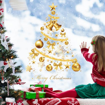 Christmas Window Clings - Golden Christmas Tree Wall Stickers, 2 Sheets, Holiday Decor
