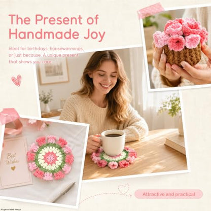 Flower Crochet Coasters Set of 2 with Plant Pot Holder - Handmade Floral Drink Protectors