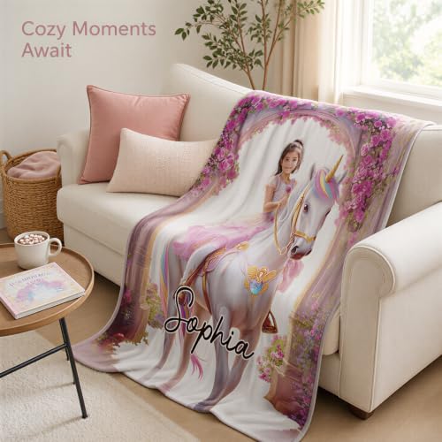 Pink Personalized Unicorn Princess Blanket with Photo and Name for Girls