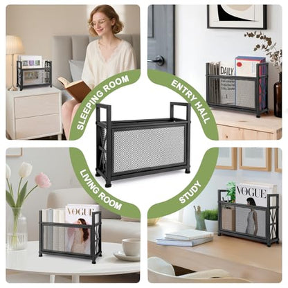 Large Black Metal Magazine Holder - Floor Standing Mesh Storage Basket - Office & Home Organization - Variation: Metallic Black / Large