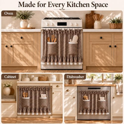 Farmhouse Tie Top Oven Skirt Curtain with Pockets - Brown