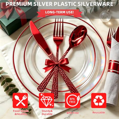 Red Plastic Silverware Set - 300 Count for 100 Guests, Festive Disposable Cutlery with Hammered Design - Variation of 300 Count Red Set
