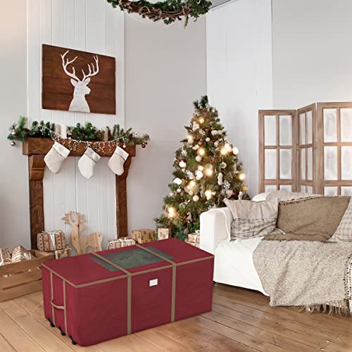 Rolling Christmas Tree Storage Bag - Fits 9 ft Artificial Tree, Red Canvas Duffel with Wheels & Window