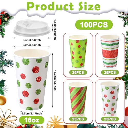 Christmas Coffee Cups with Lids 16oz Pack of 100 - Red Green Holiday Design