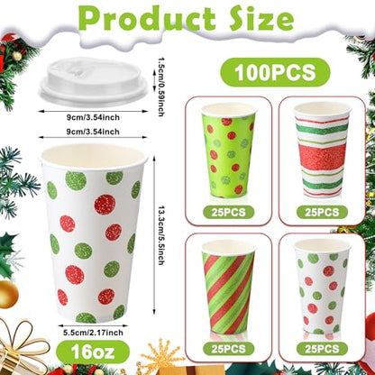 Christmas Coffee Cups with Lids 16oz Pack of 100 - Red Green Holiday Design