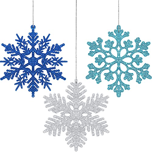 36 Pieces Glitter Snowflake Christmas Decorations - Lake Blue, Royal Blue, Silver