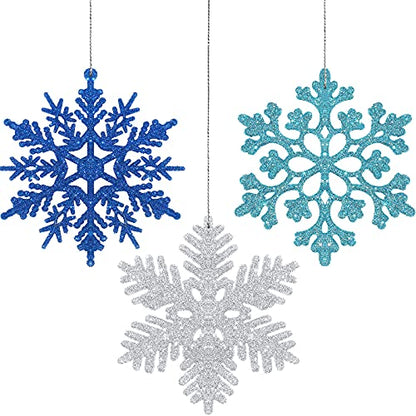 36 Pieces Glitter Snowflake Christmas Decorations - Lake Blue, Royal Blue, Silver