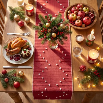 Red Farmhouse Rustic Cotton Woven Table Runner 12x36 Inch for Holiday & Home Decor