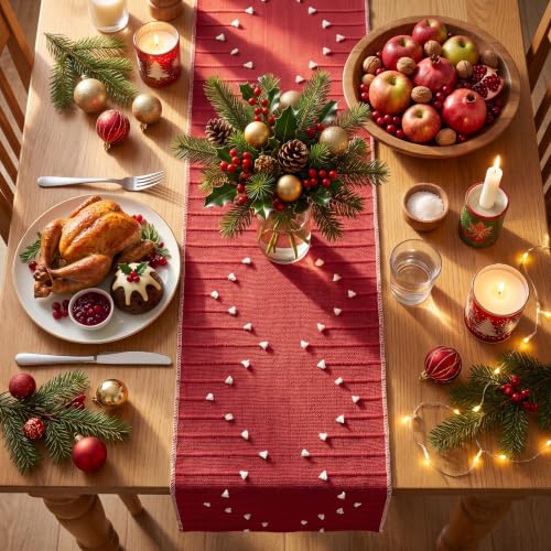 Red Farmhouse Rustic Cotton Woven Table Runner 12x108 Inch Christmas Holiday Decor
