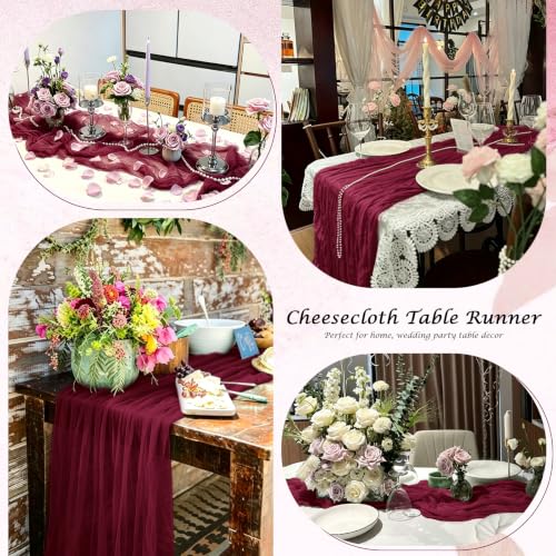 Burgundy Cheesecloth Table Runner Set - Boho 17x108 Inch, 12 Pack