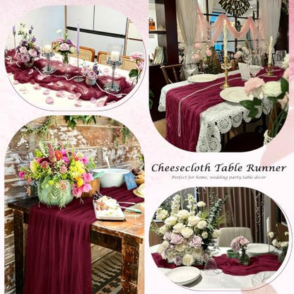 Burgundy Cheesecloth Table Runner Set - Boho 17x108 Inch, 12 Pack