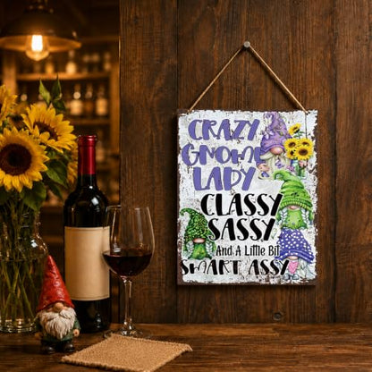 Funny Gnome Decor - Crazy Gnome Lady Sign, Rustic Wooden Wall Art - Style 01