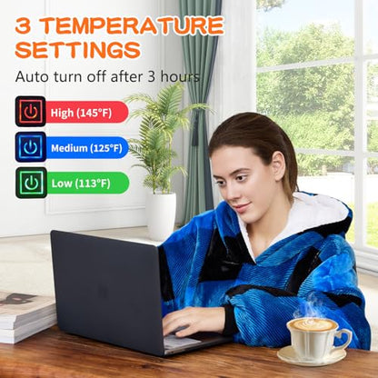 Heated Hoodie Blanket for Women Black-Blue USB Wearable Heated Blanket with 3 Levels