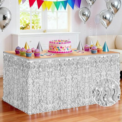 Silver 2 Pack Metallic Grass Table Skirts for Party Decorations