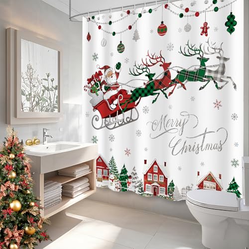 APROPHIC White Christmas Shower Curtain - Red & Green Buffalo Plaid Claus Santa Snowflake Winter Decor 72x72 in