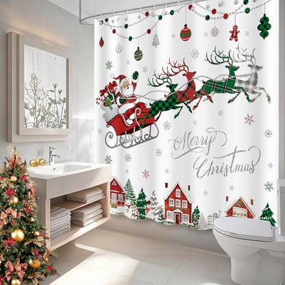APROPHIC White Christmas Shower Curtain - Red & Green Buffalo Plaid Claus Santa Snowflake Winter Decor 72x72 in
