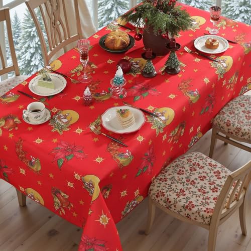 Honellaty Christmas Sled Rectangular Tablecloth 60x120 Inch Red with Poinsettia & Bells