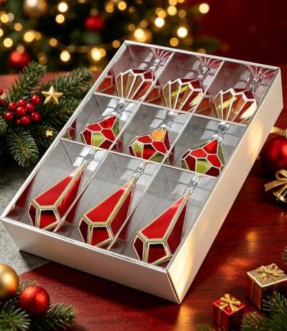 Christmas Tree Ornaments Set - Red and Gold Geometric Shatterproof Decorations, 9 pcs - Holiday Home Decor