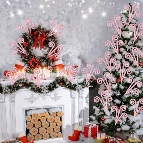 Christmas Candy Cane Picks Set - Pink & White Felt Tree Ornaments, 12 Pack