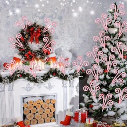 Christmas Candy Cane Picks Set - Pink & White Felt Tree Ornaments, 12 Pack