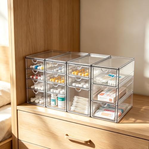 Prsildan Acrylic Desk Organizer with 14 Stackable Drawers - Clear Makeup Storage