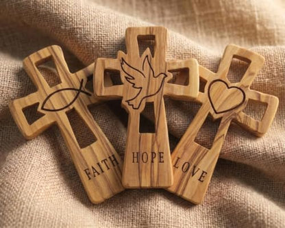 Set of 3 Olive Wood Christian Crosses Faith Hope Love Hand Carved Bethlehem