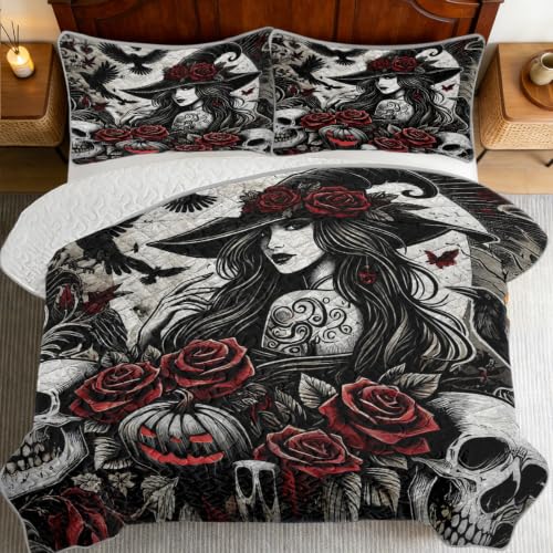 Halloween Gothic Quilt Set with Witch Rose Design - Full/Queen, Lightweight Bedding