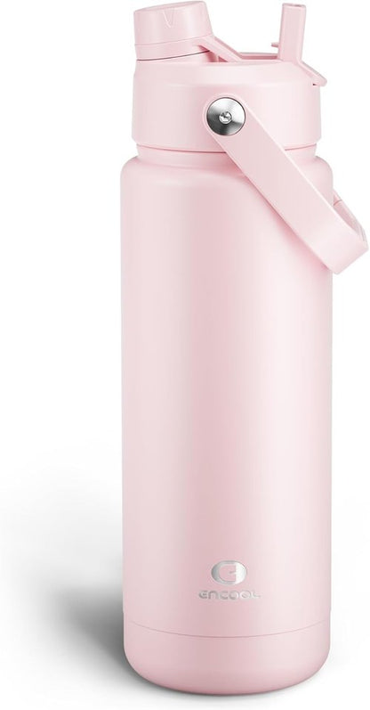 ENCOOL Insulated Water Bottle - Leak-Proof Stainless Steel with Straw | Keeps Drinks Cold for 24 Hours (32 oz, Cotton Candy)