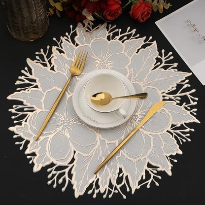 Gold Placemats Set of 6 - Pressed Plum Flower Design, 15.7 Inch