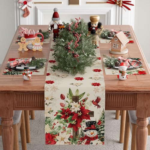 Snowman Poinsettia Christmas Table Runner 13x108 Inch Holiday Home Decor