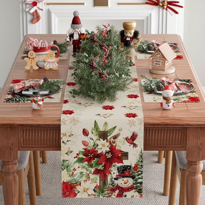 Snowman Poinsettia Christmas Table Runner 13x108 Inch Holiday Home Decor
