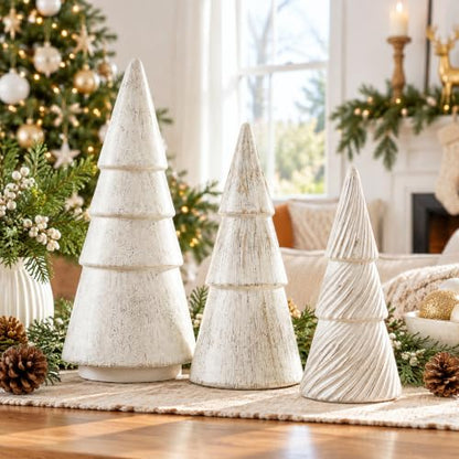 Antique White Rustic Christmas Tree Figurines Set of 3 - Holiday Decor
