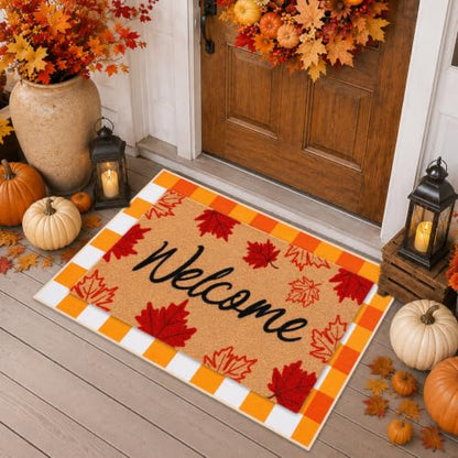 Fall Maple Leaf Welcome Doormat Set - Brown & Leaf - Outdoor Door Mat for Fall Decor